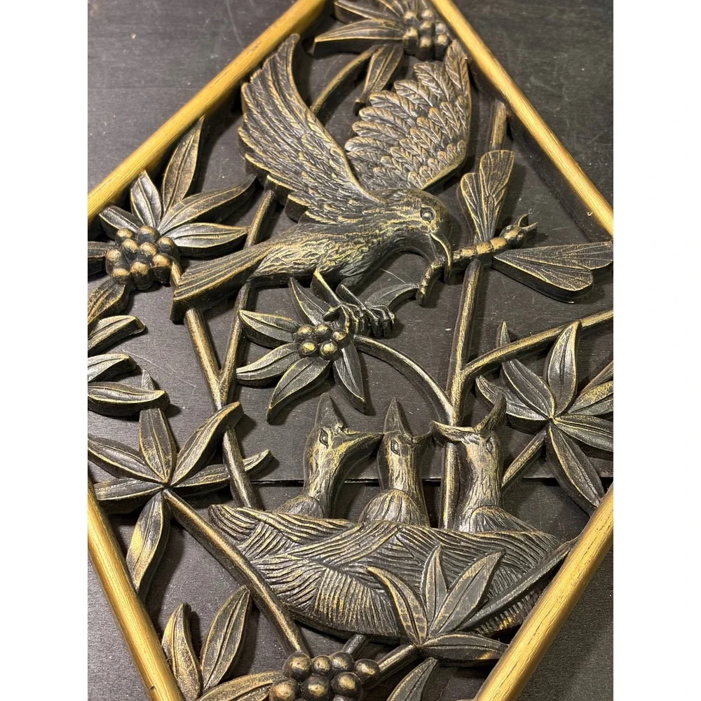 Vintage 1972 Burwood Products Bird Nest Dragonfly Diamond Wall Art Plaque Gold
